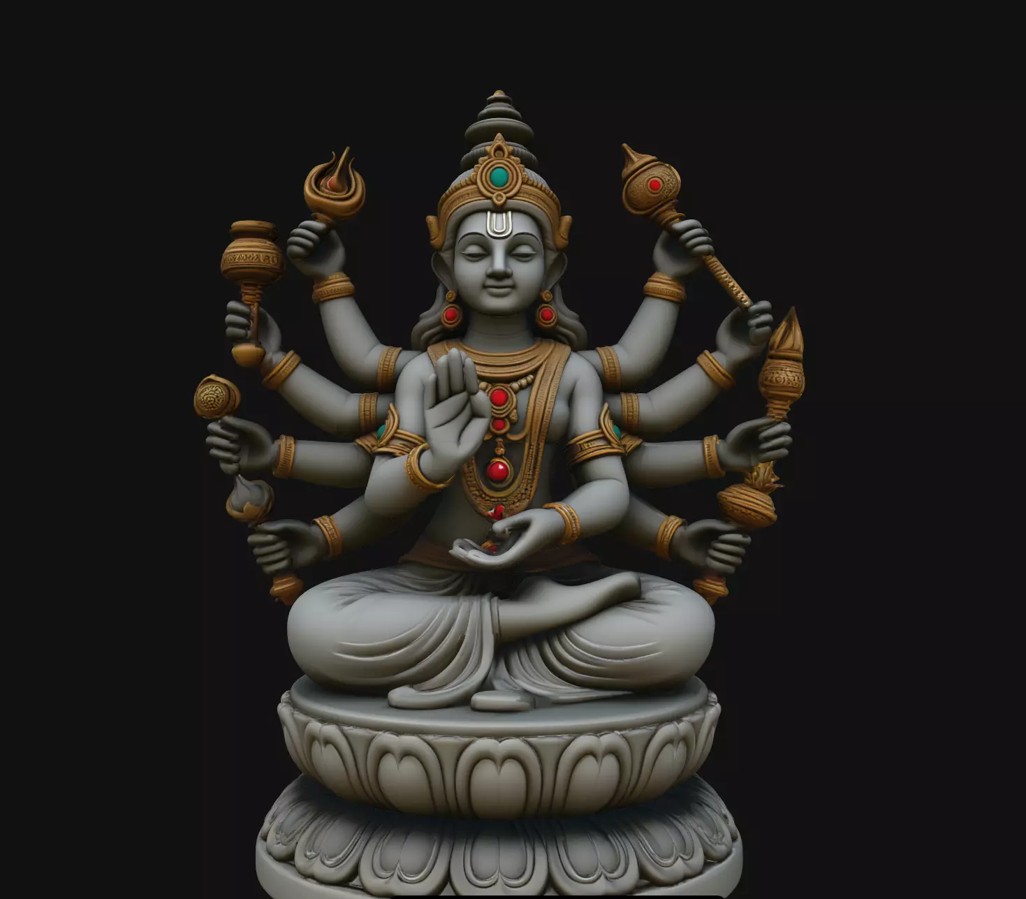 Multi Arm Ganesha Lotus Throne Sculpture Statue STL 3D print model