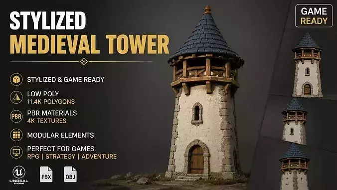 Stylized Medieval Watch Tower Game Ready Environment Asset