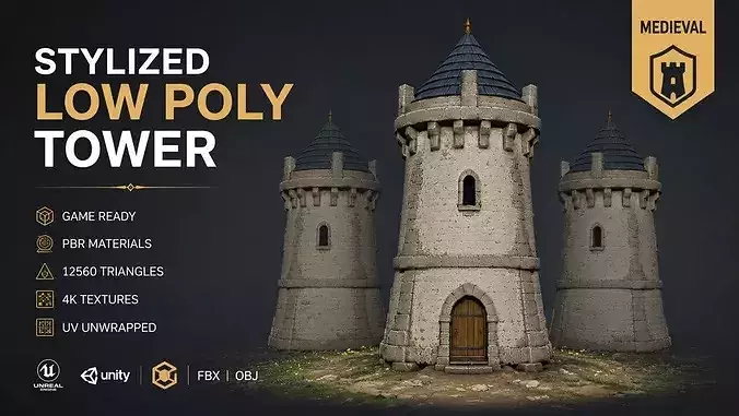 Stylized Medieval Fantasy Tower Game Ready Environment Asset