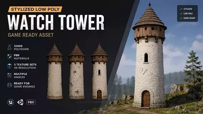 Stylized Medieval Watch Tower Game Ready Environment Asset