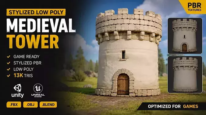 Stylized Medieval Tower Game Ready Environment Asset