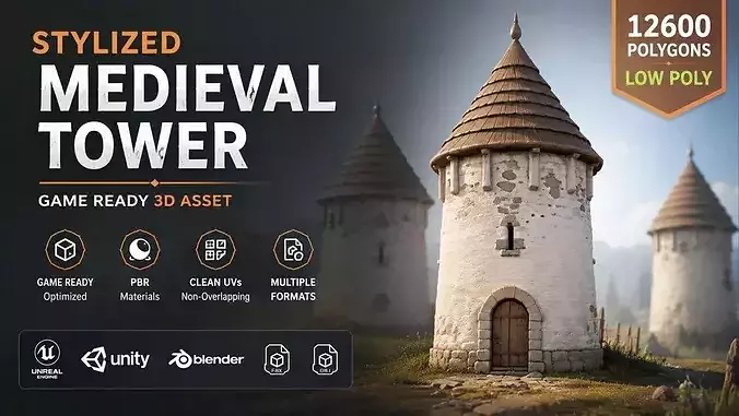 Stylized Medieval Tower Game Ready Fantasy Environment Asset