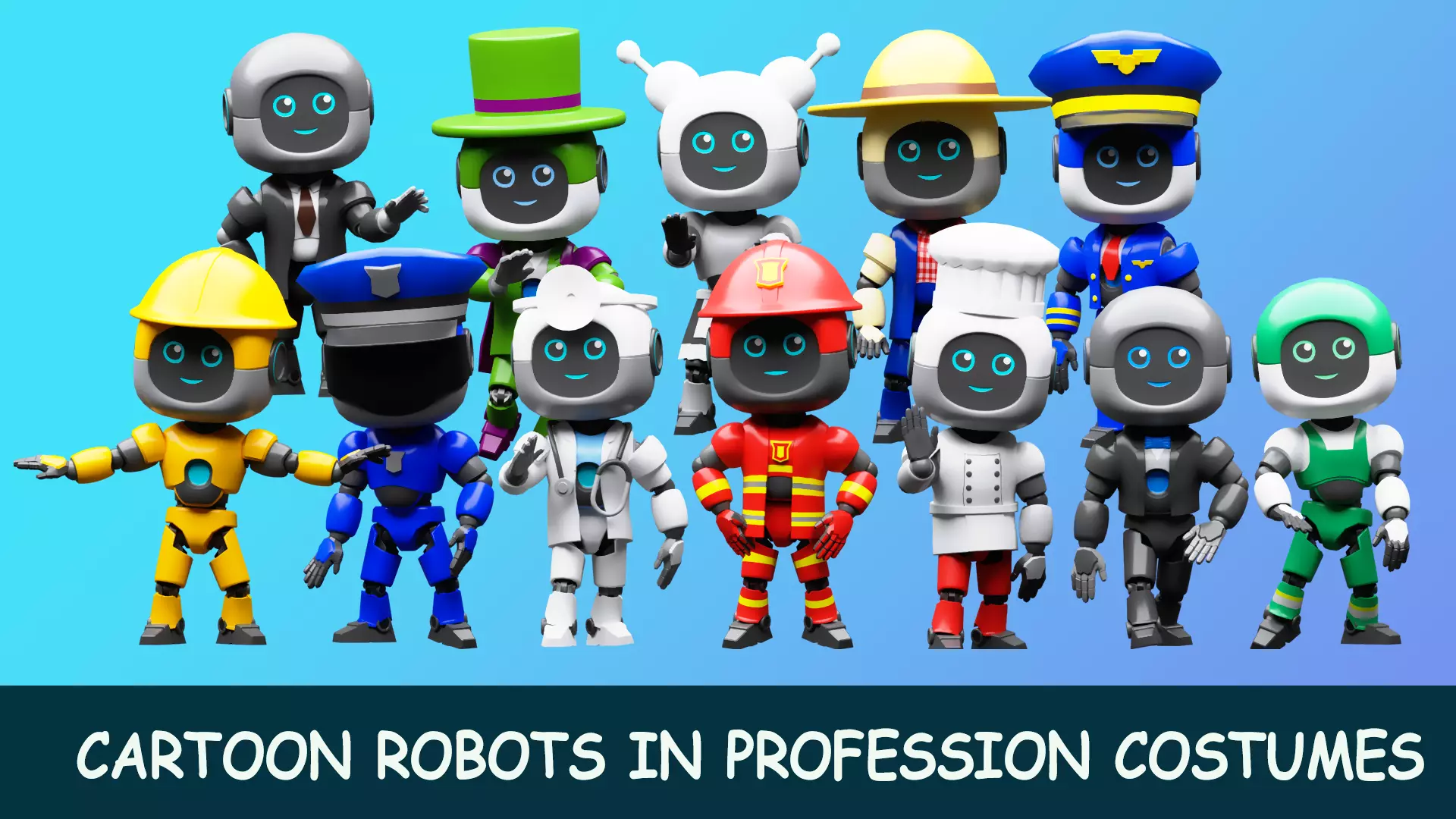 Cartoon robots 1 01 in professions costumes Low-poly 3D model