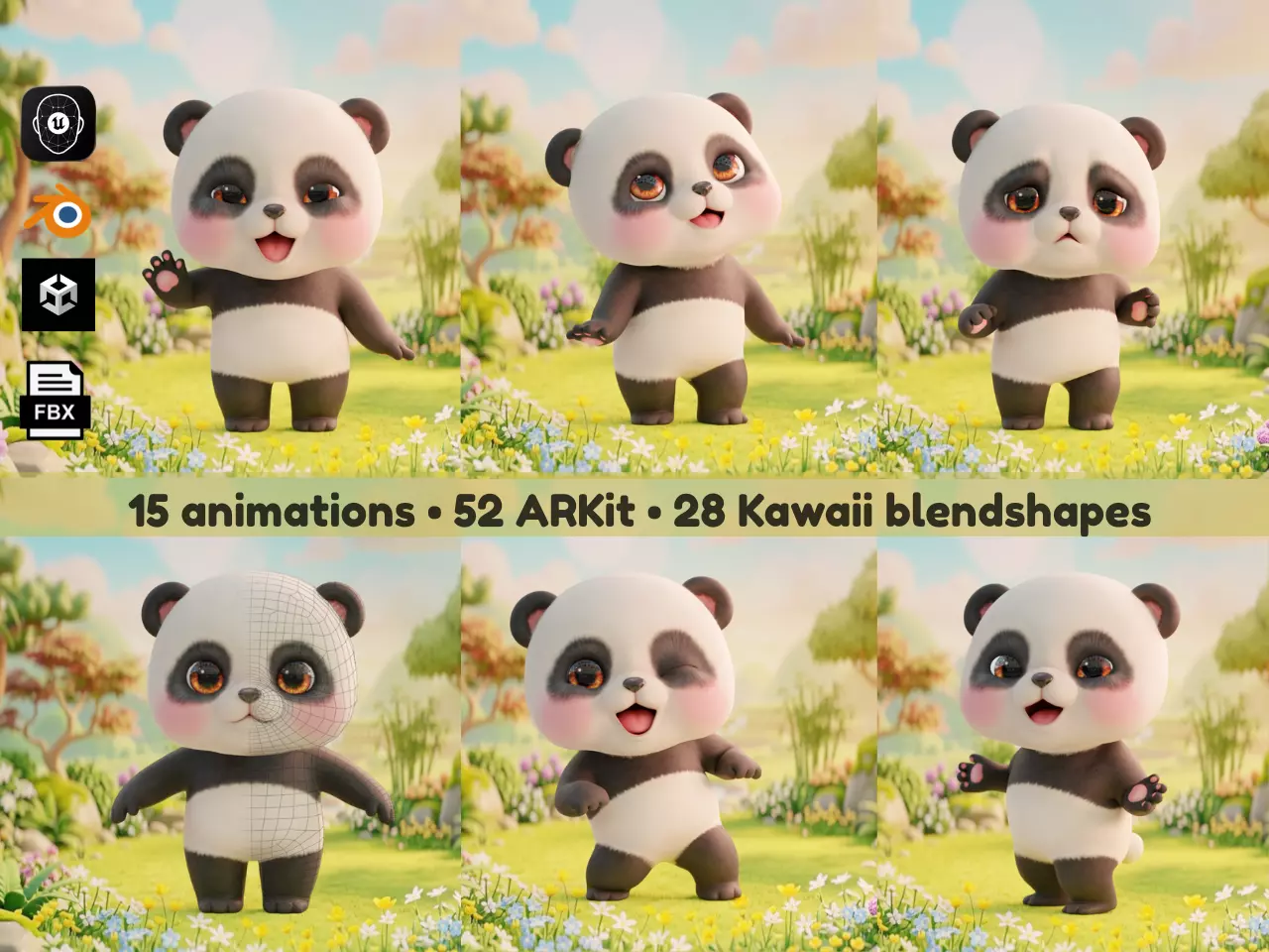 Panda Rigged Animated 52 ARKit 28 Kawaii Blendshapes Low-poly 3D model