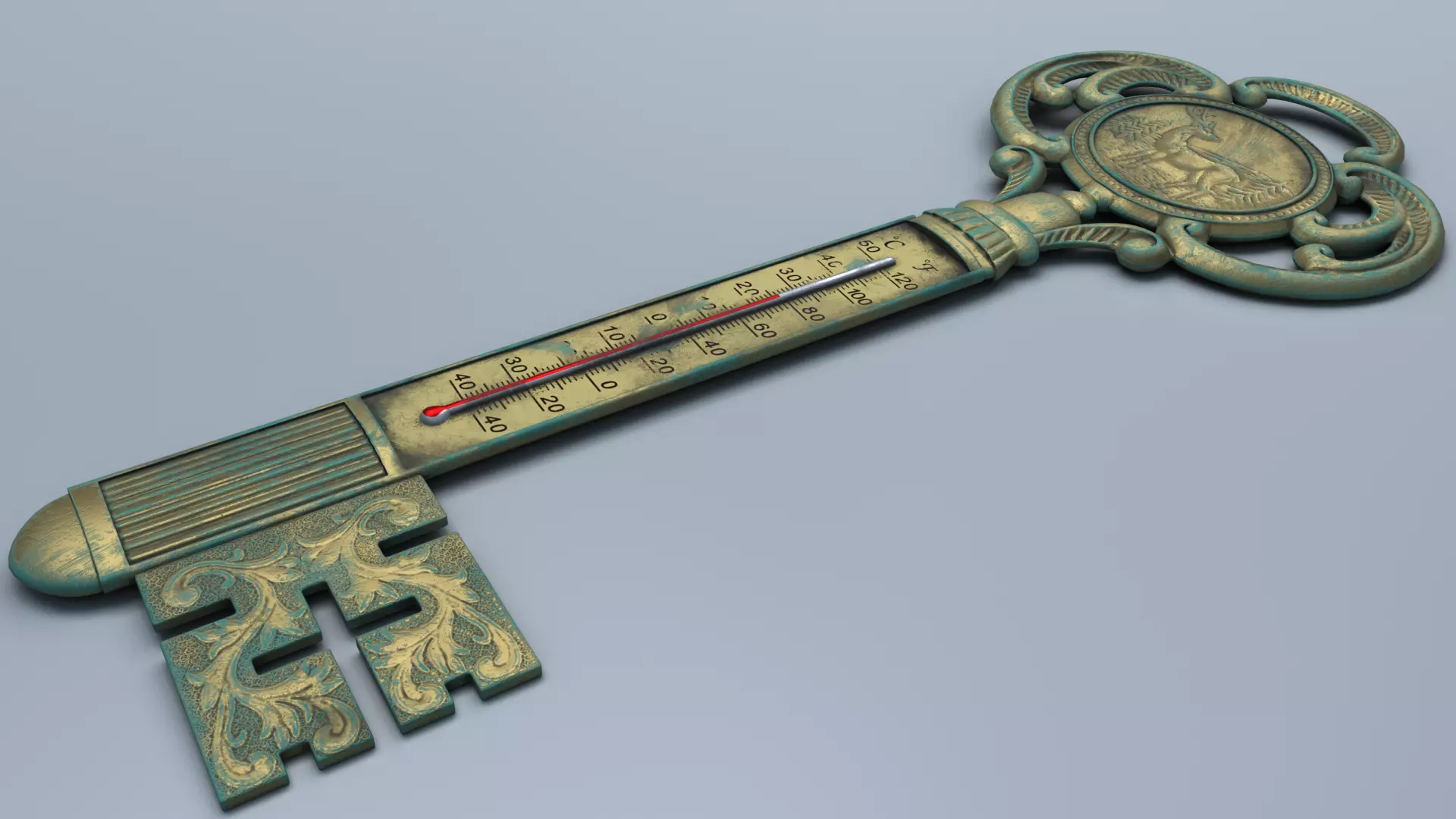 Antique Room Thermometer Old Brass Verdigris 3D model