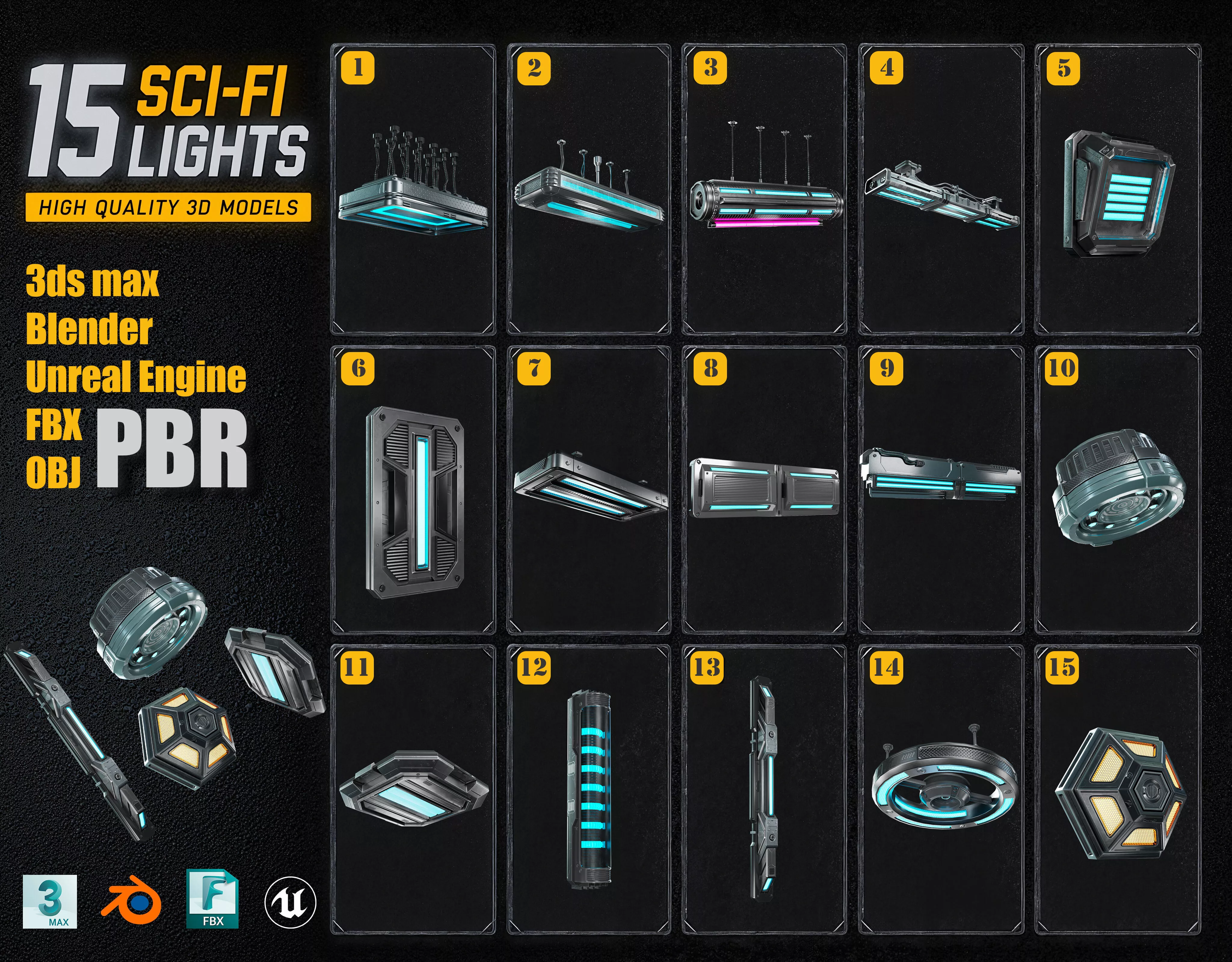 Sci-Fi Lights Pack 15 Modular Game Ready Assets 3D model