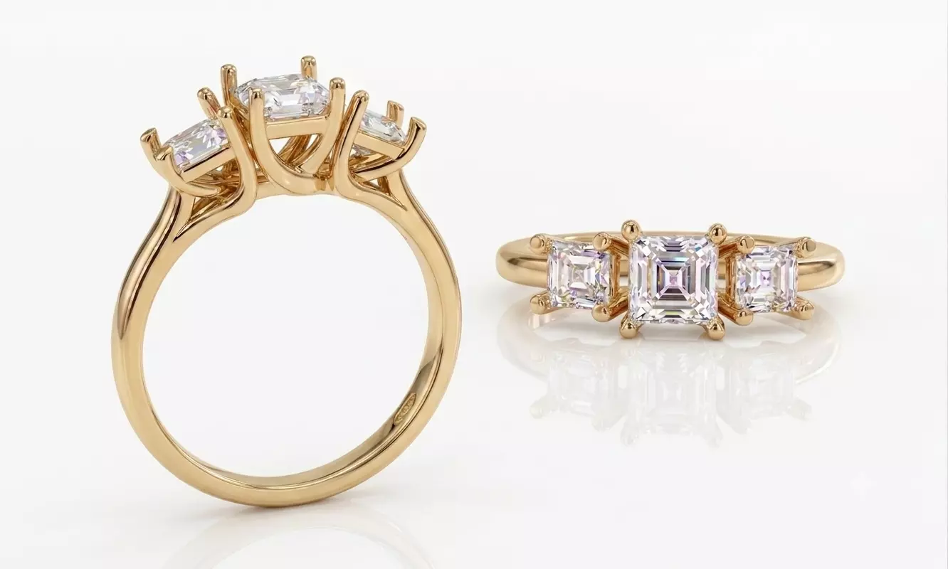 Three Emerald Stone Cut Engagement Ring 18k gold 3D print model