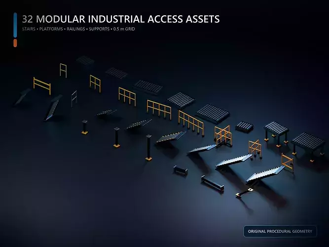 Modular Industrial Stairs Platforms and Railings Kit - 32 Assets