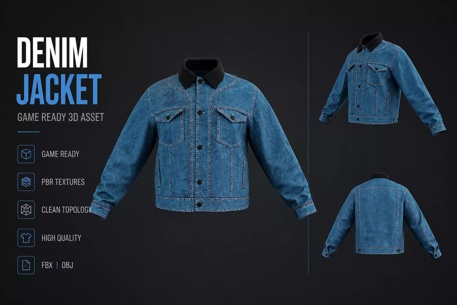Blue Denim Jacket - Game Ready PBR Clothing Low-poly 3D model
