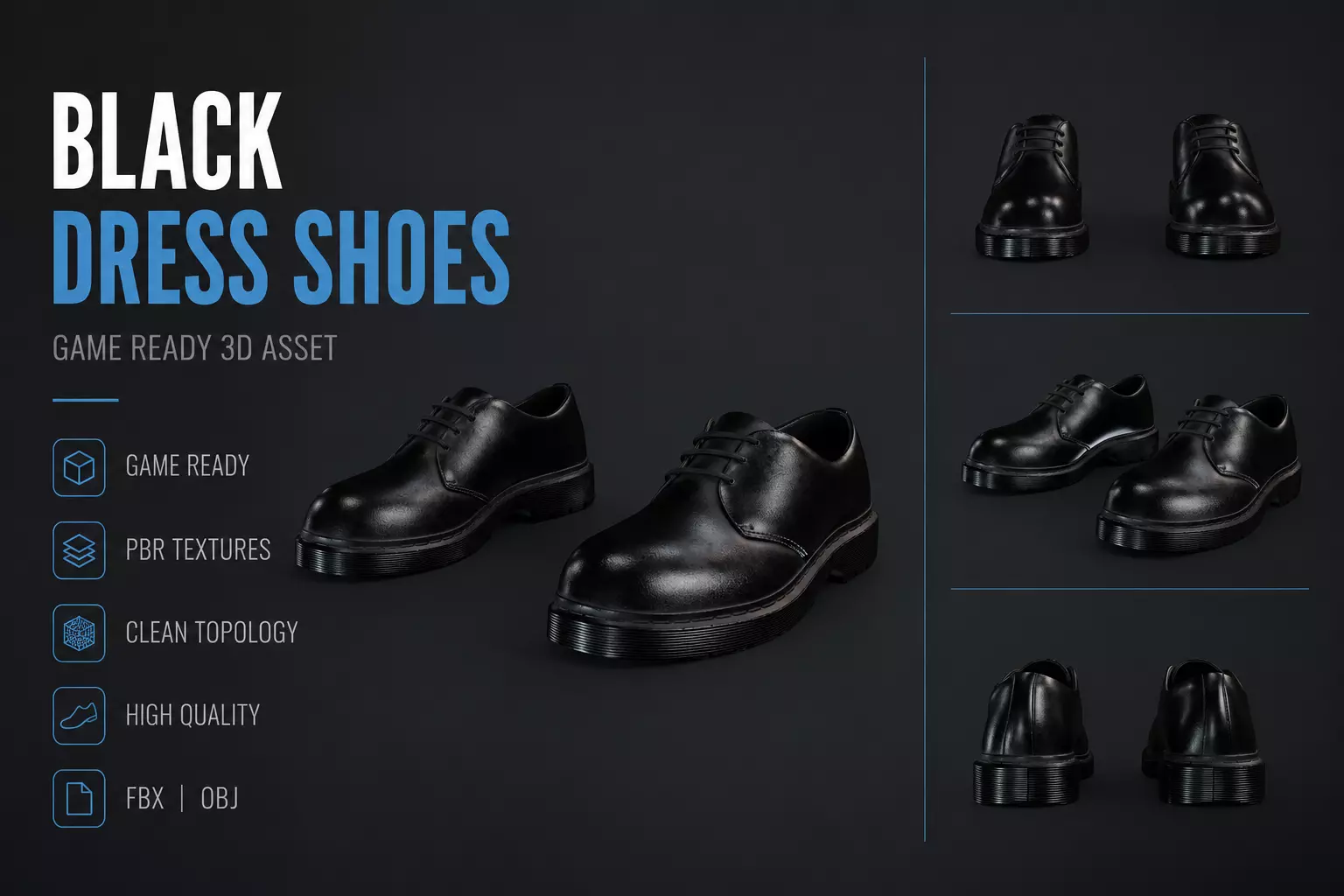 Black Dress Shoes - Game Ready PBR Low-poly 3D model