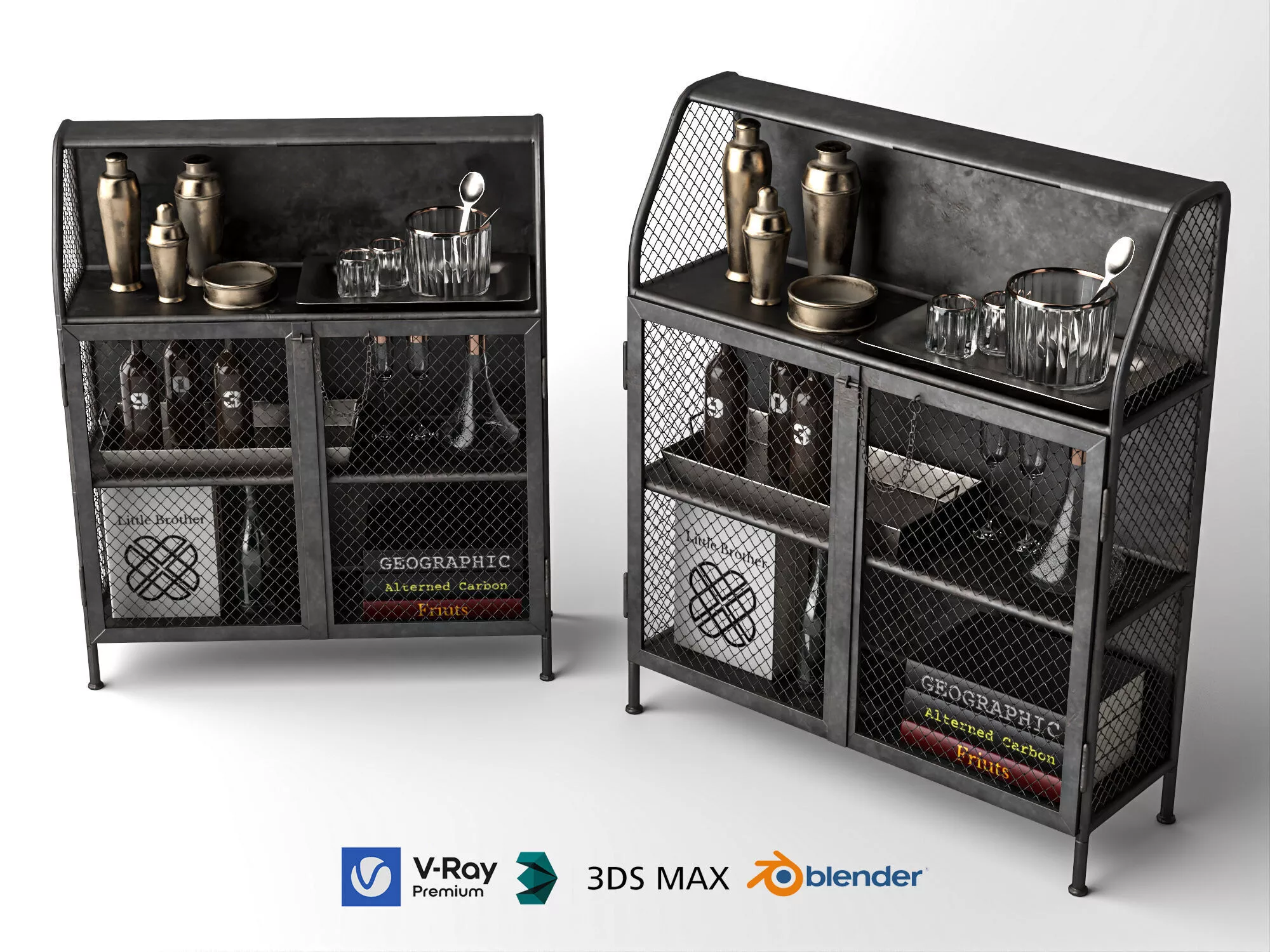 Industrial Metal Bar Cabinet Liquor Shelf Low-poly 3D model