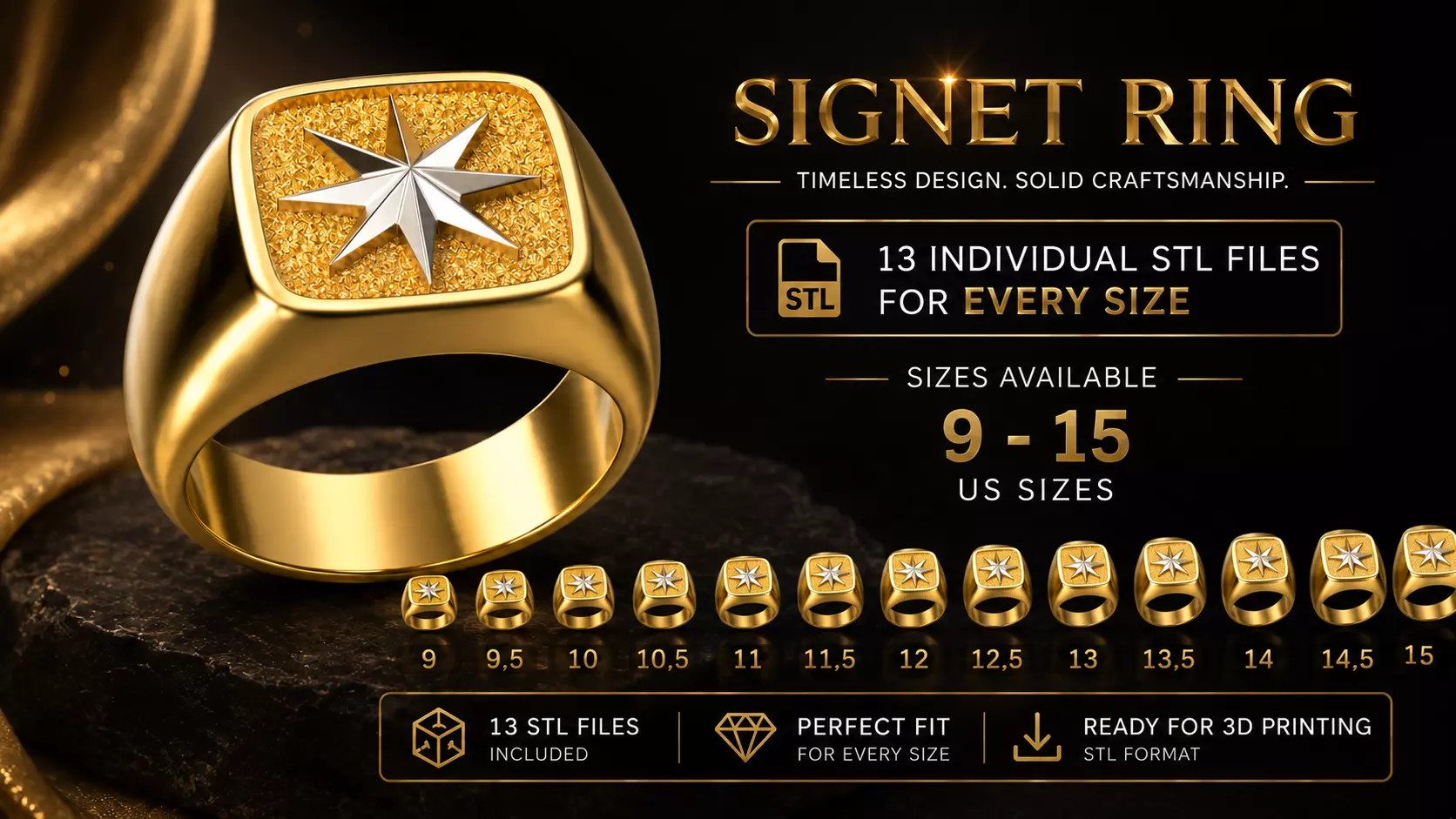 Octagram signet ring set 9-15US with an Eight-Pointed Star 3D print model