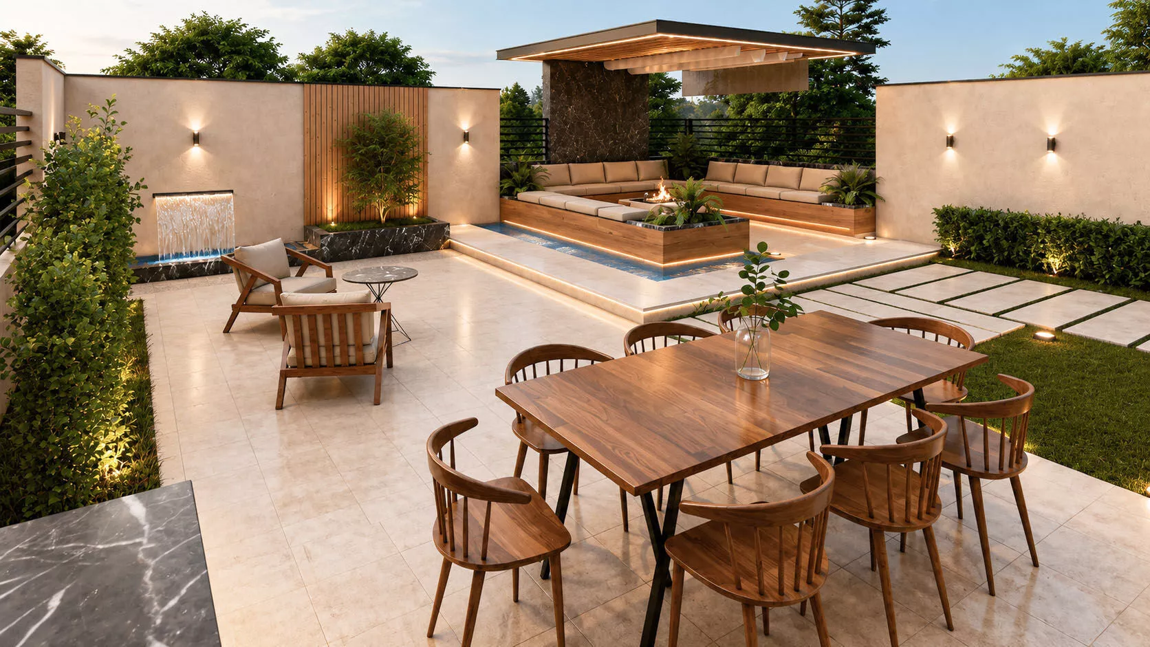 Modern Rooftop Garden with Outdoor Kitchen Pergola 3D model