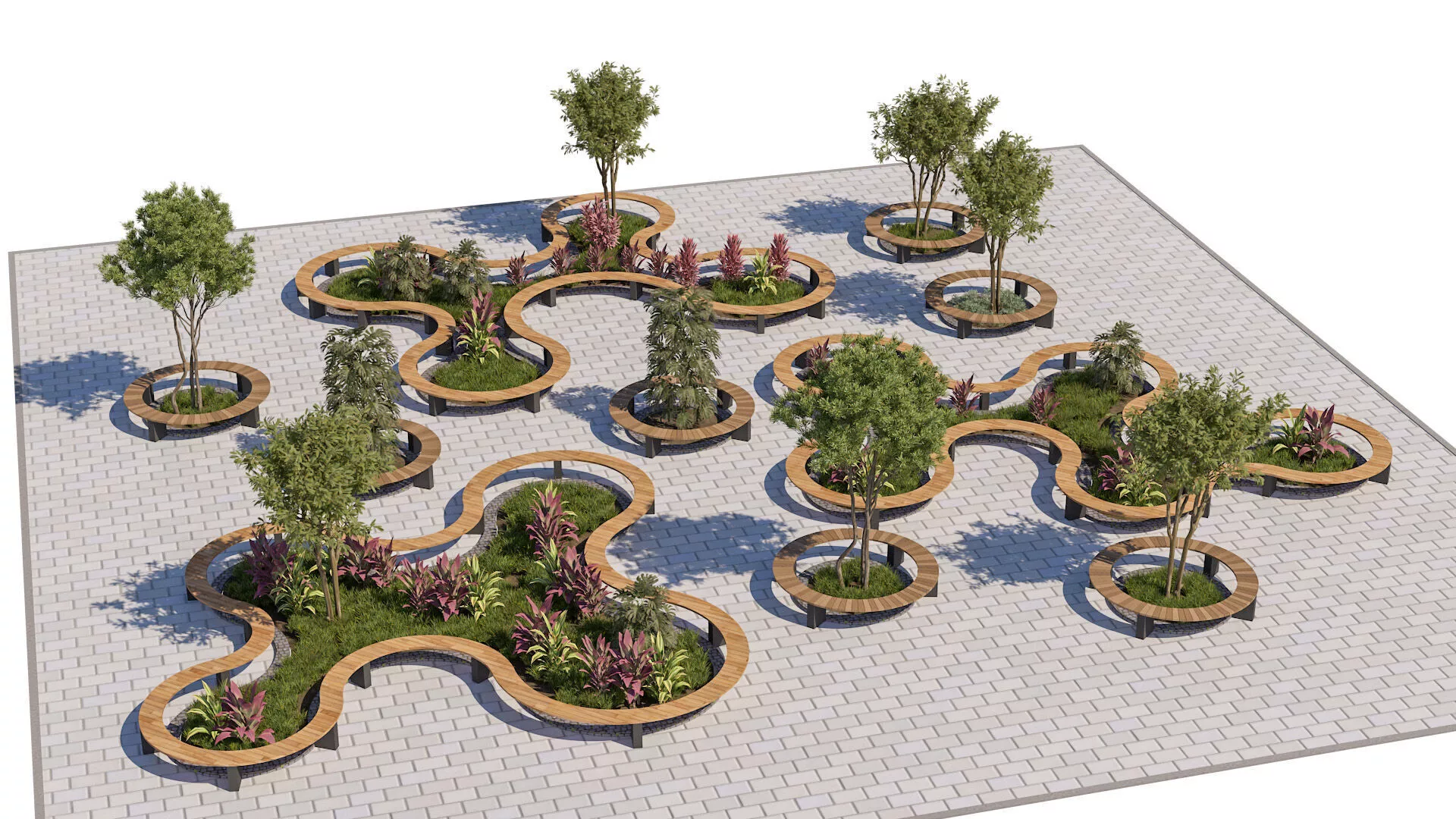 Urban Public Plaza Seating and Landscape Design 3D Model Low-poly 3D model
