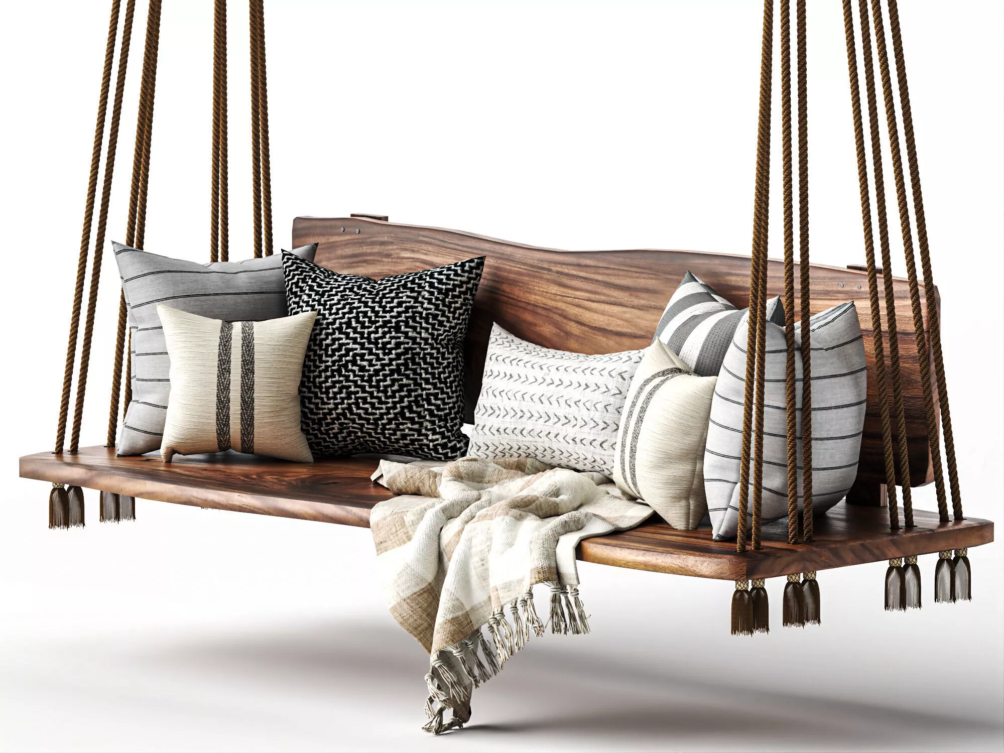 Live Edge Wooden Swing Bench With Pillows 3D Model 3D model
