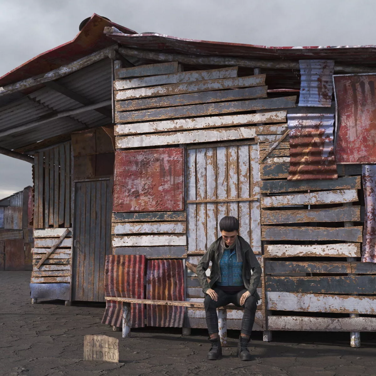 Rusty Sheet Metal Hut and Homeless Woman Rigged 3D model