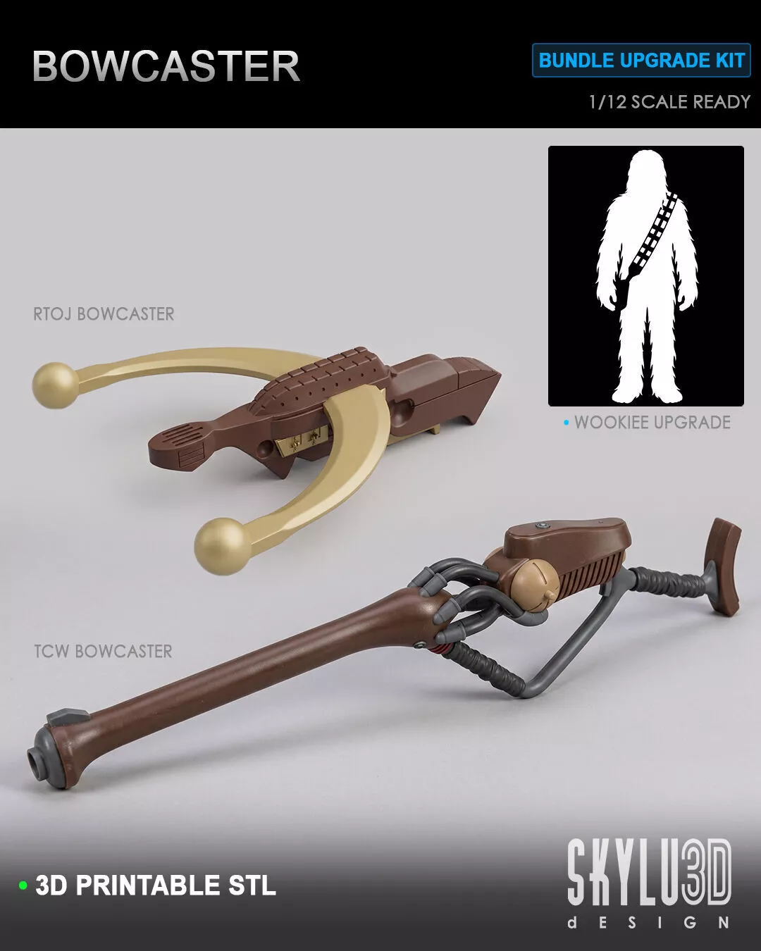 Wookiee Bowcaster One12 Scale Bundle STL 3D print model