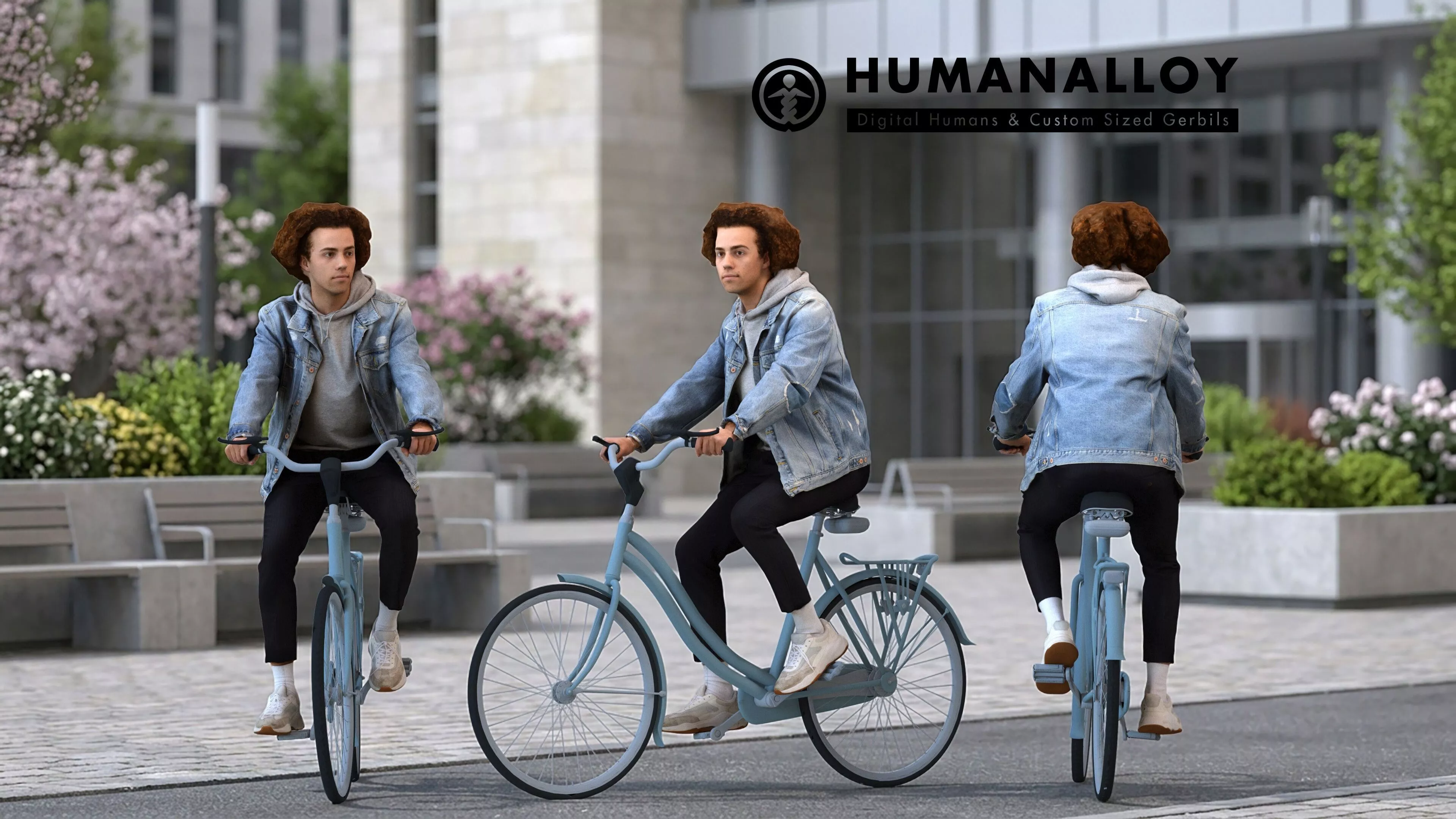 Adult Caucasian man cycling through public space in 3D model