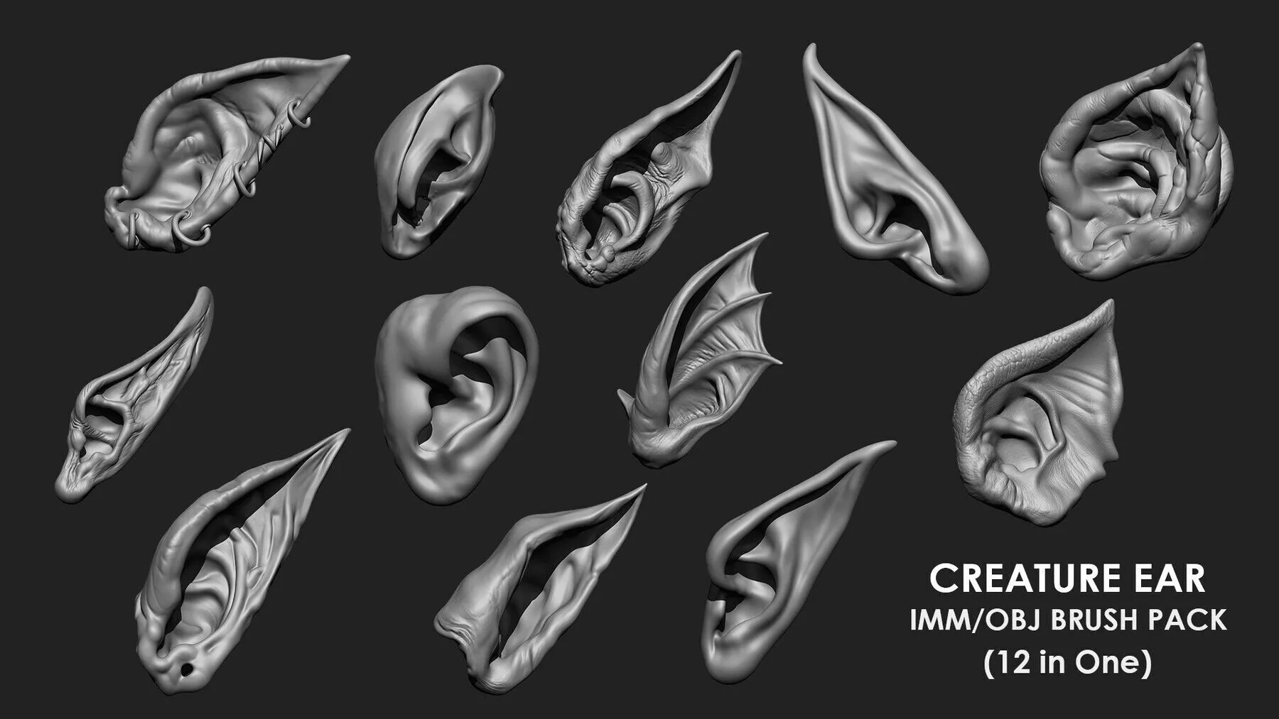 CREATURE EARS 12 IN ONE IMM OBJ BRUSH 3D model