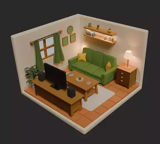 Stylized Isometric Living Room - Low Poly Interior