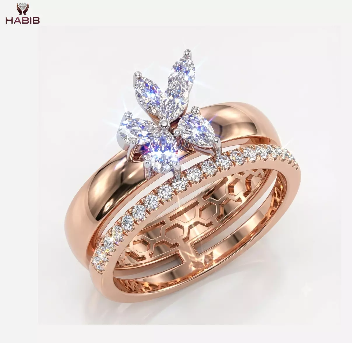 Luxury Floral Diamond Ring Set CAD Model STL 3DM 3D print model
