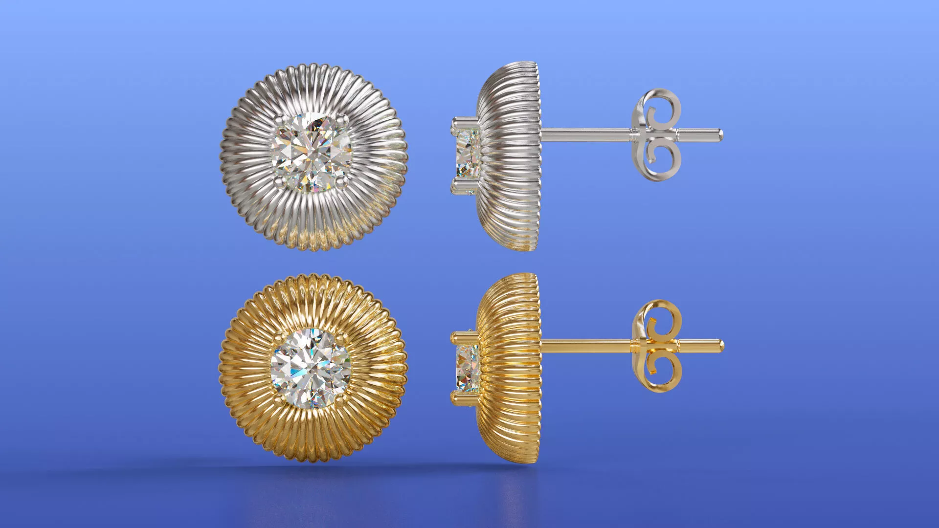 Diamond Texture Halo Stud Earrings Fluted Ribbed Design 3D print model