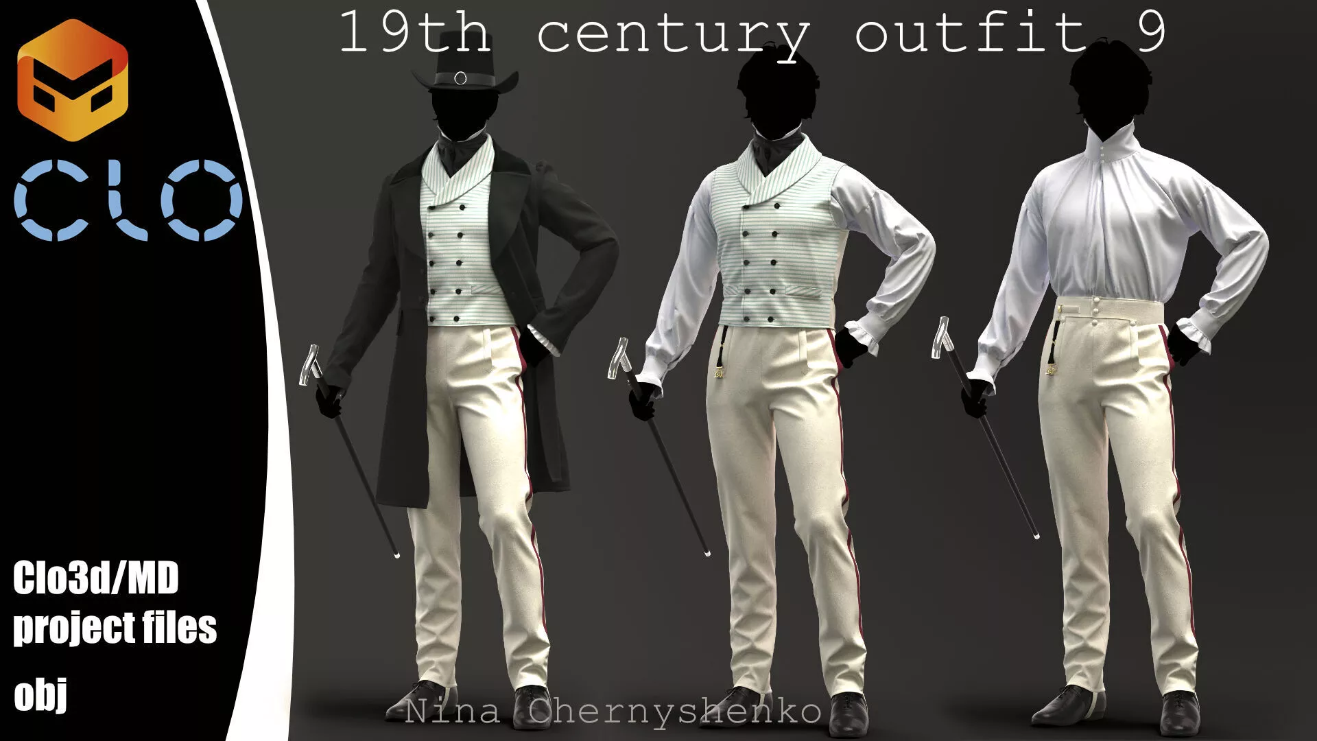 19th century outfit 9 - Marvelous Designer project and OBJ 3D model