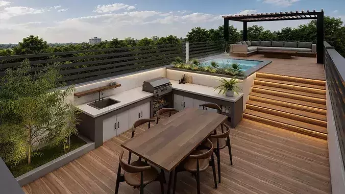 Modern Luxury Rooftop Garden Terrace with Outdoor Kitchen