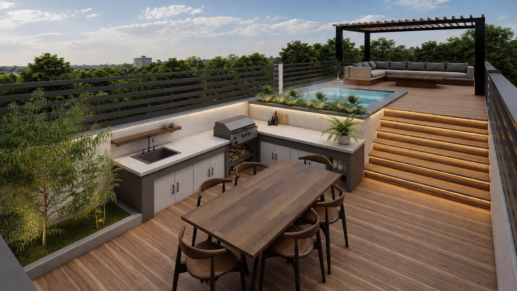 Modern Luxury Rooftop Garden Terrace with Outdoor Kitchen 3D model