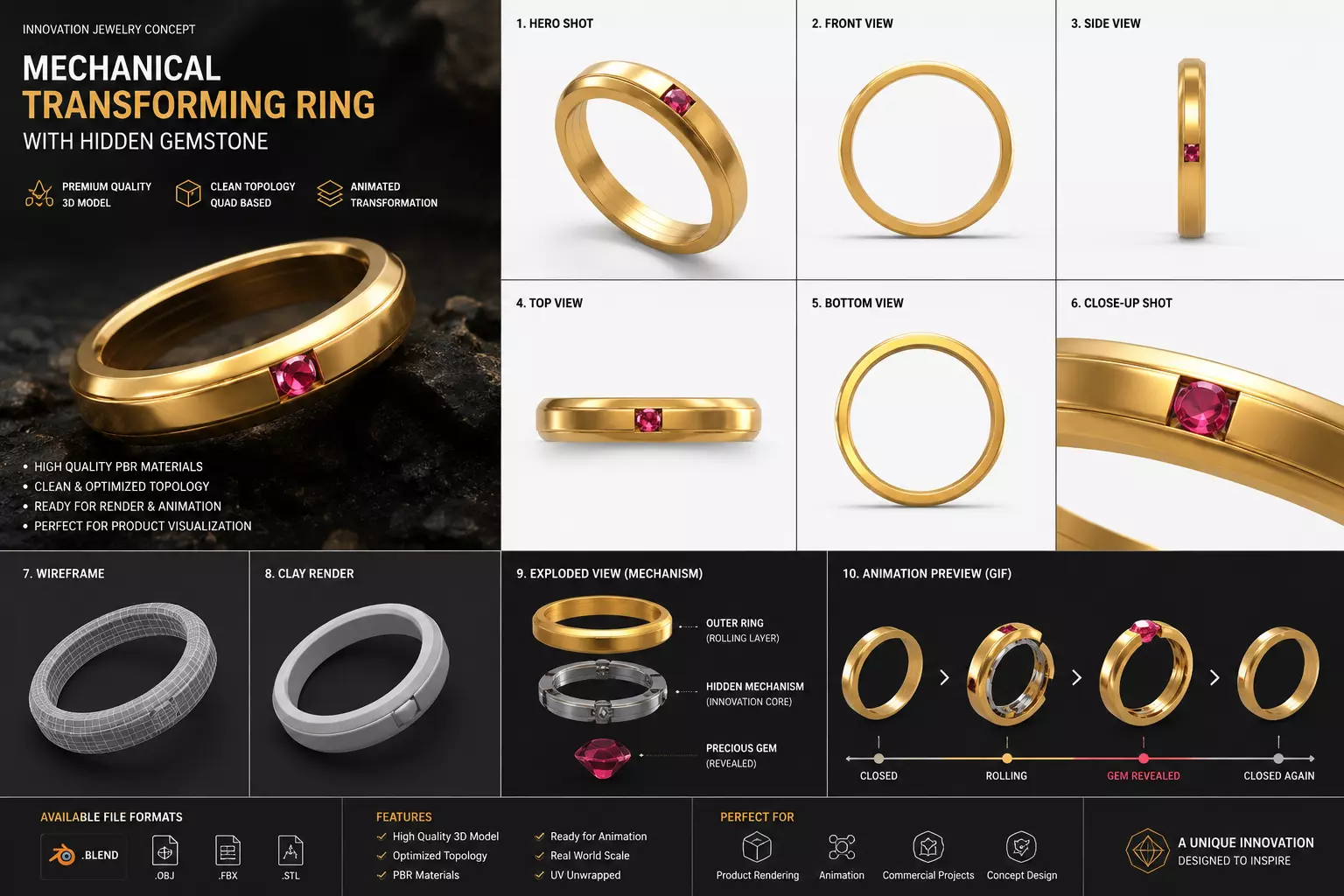Mechanical Transforming Gold Ring with Hidden Ruby Gemstone Low-poly 3D model