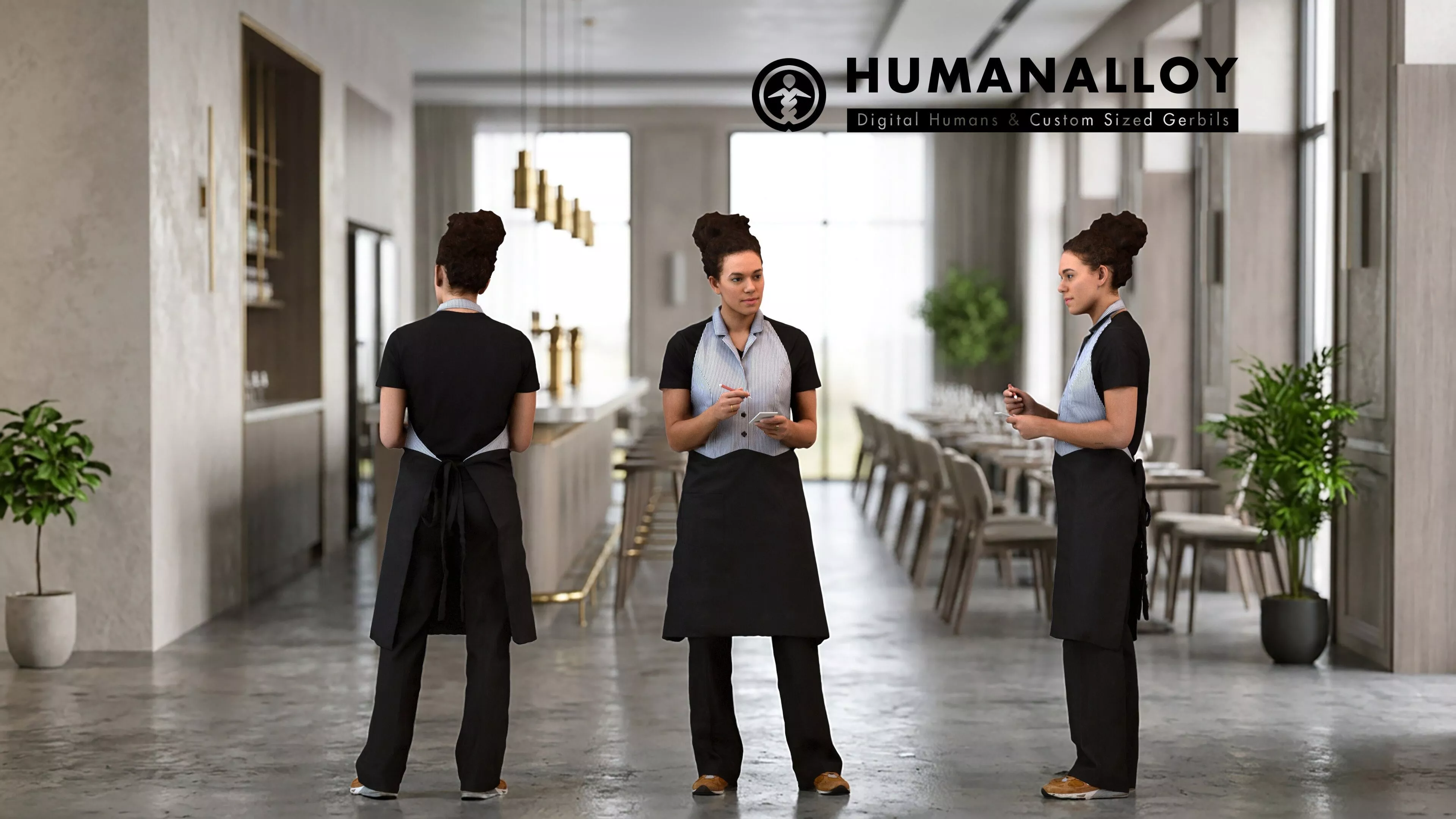 Adult Black woman waiting in hospitality setting wearing autumn 3D model