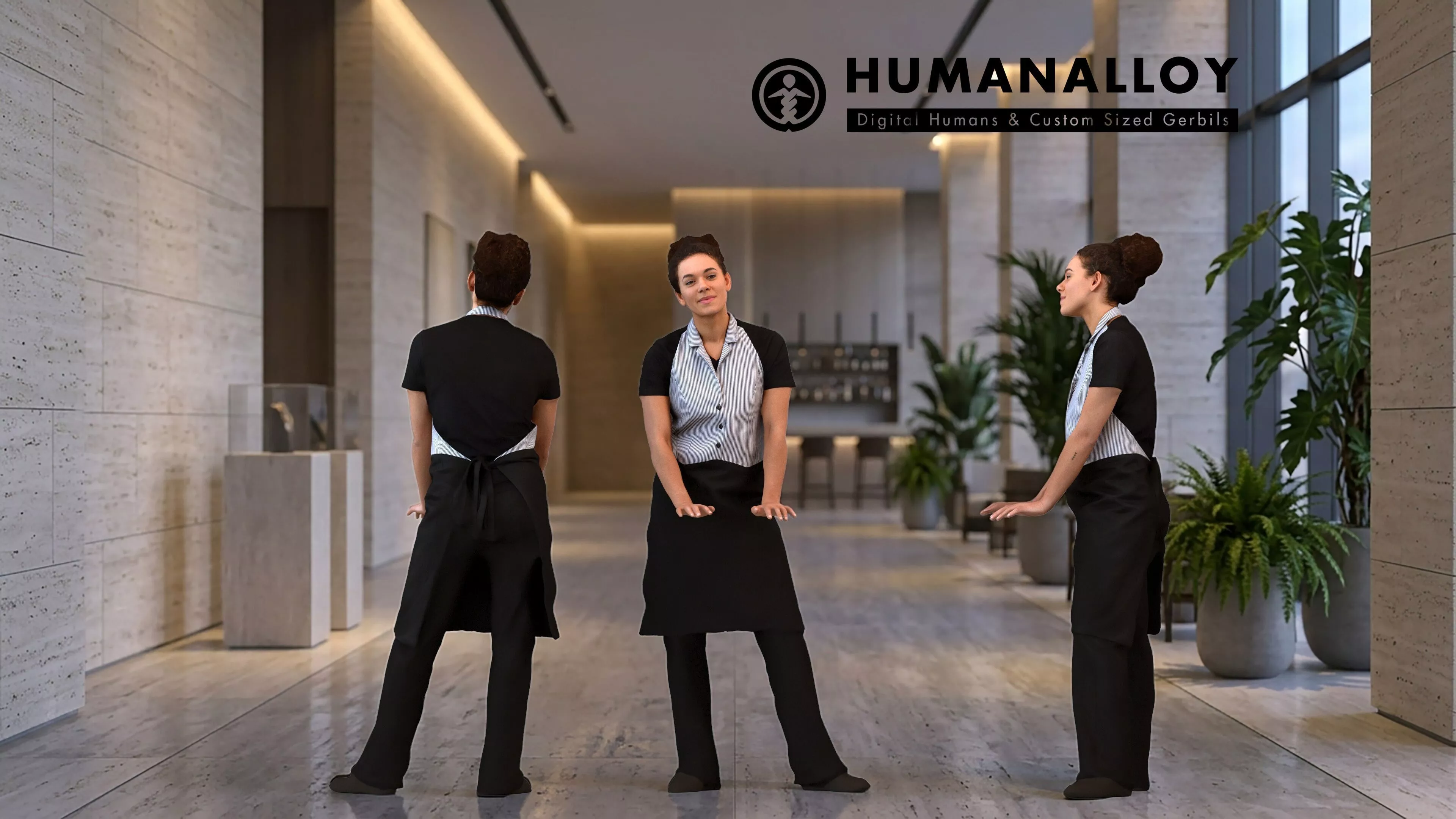 Adult Black woman leaning while waiting in hospitality setting 3D model