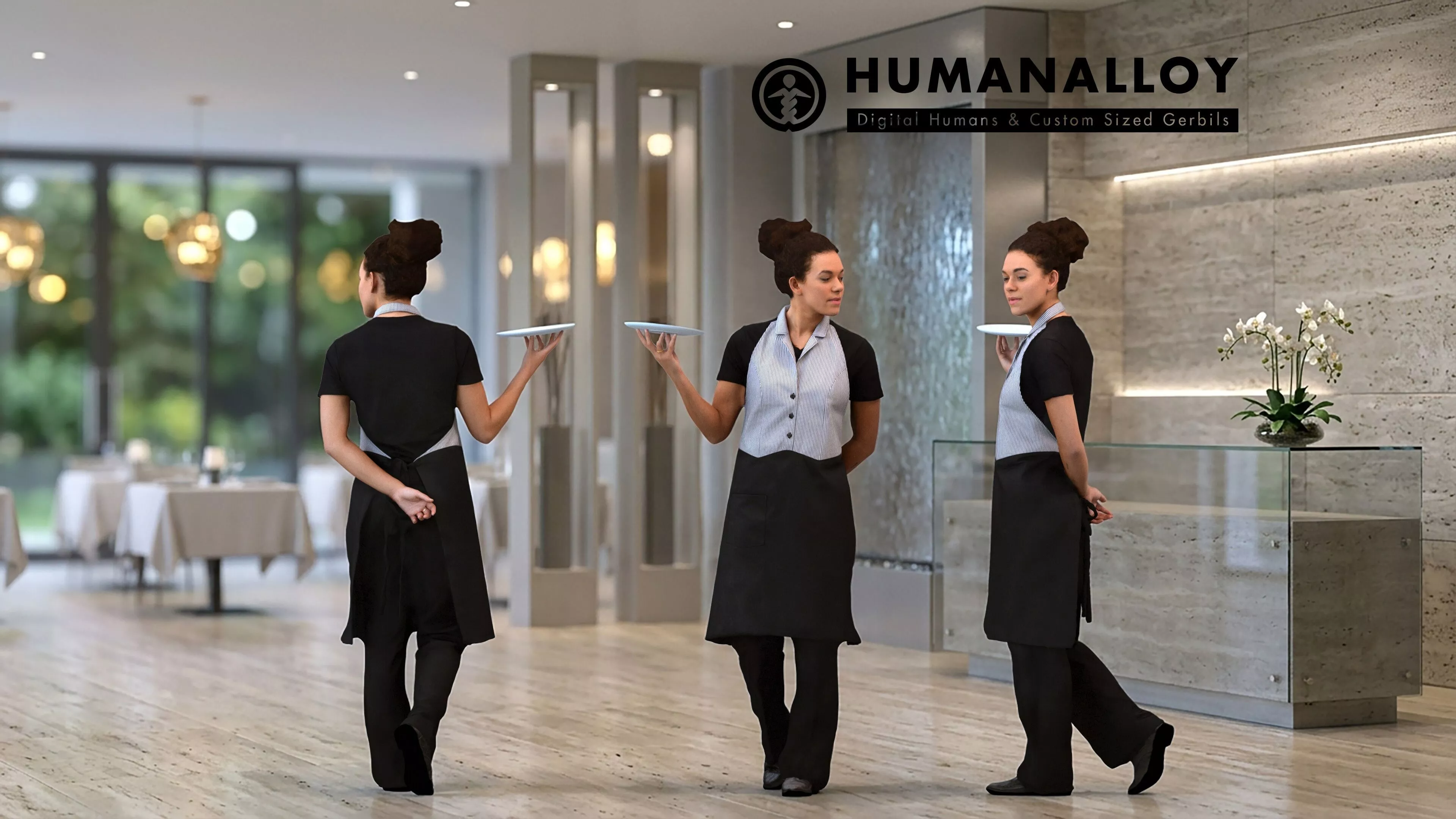 Adult Black woman walking in hospitality setting wearing 3D model