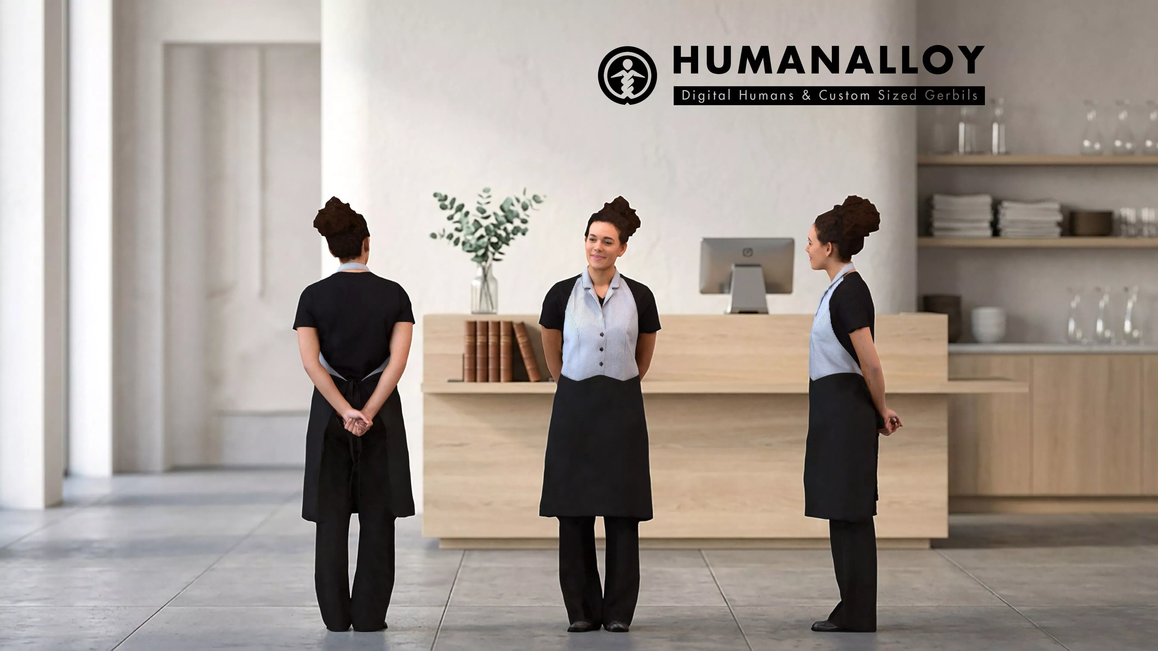 Adult Black woman waiting in hospitality setting wearing 3D model