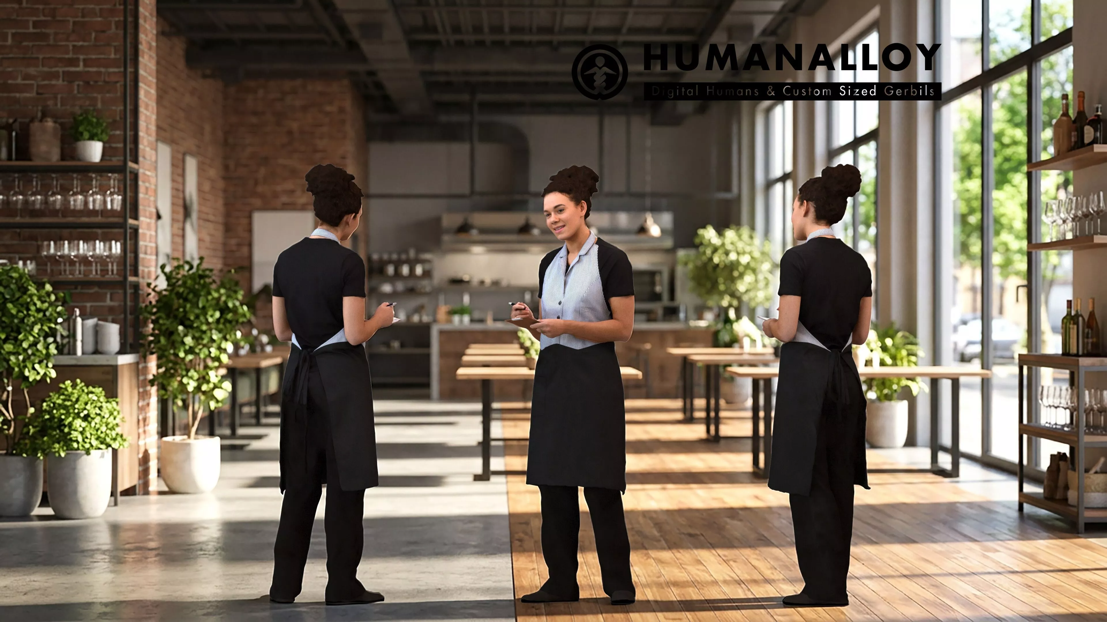 Adult Black woman waiting in hospitality setting wearing summer 3D model