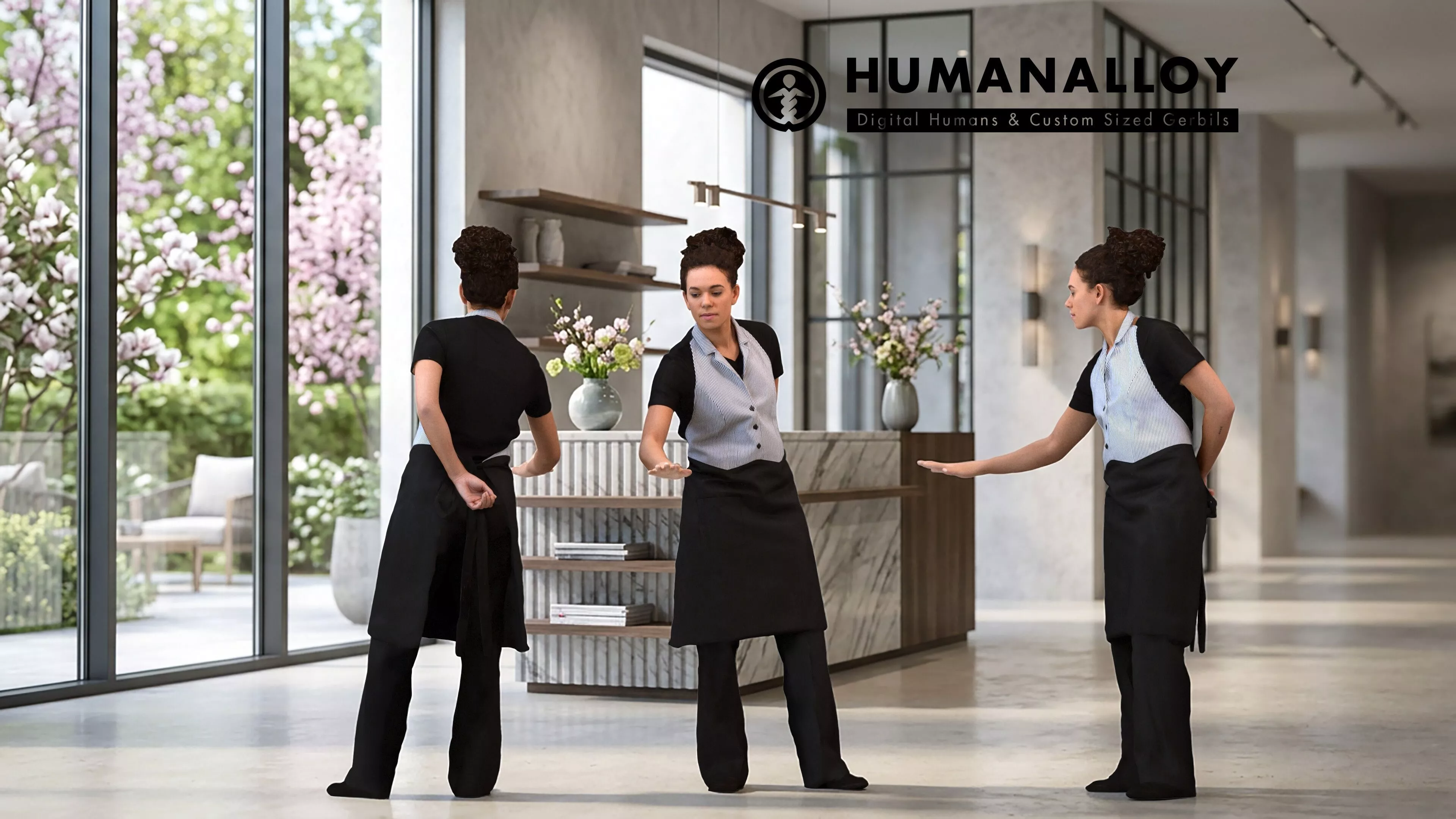 Adult Black woman waiting in hospitality setting wearing autumn 3D model