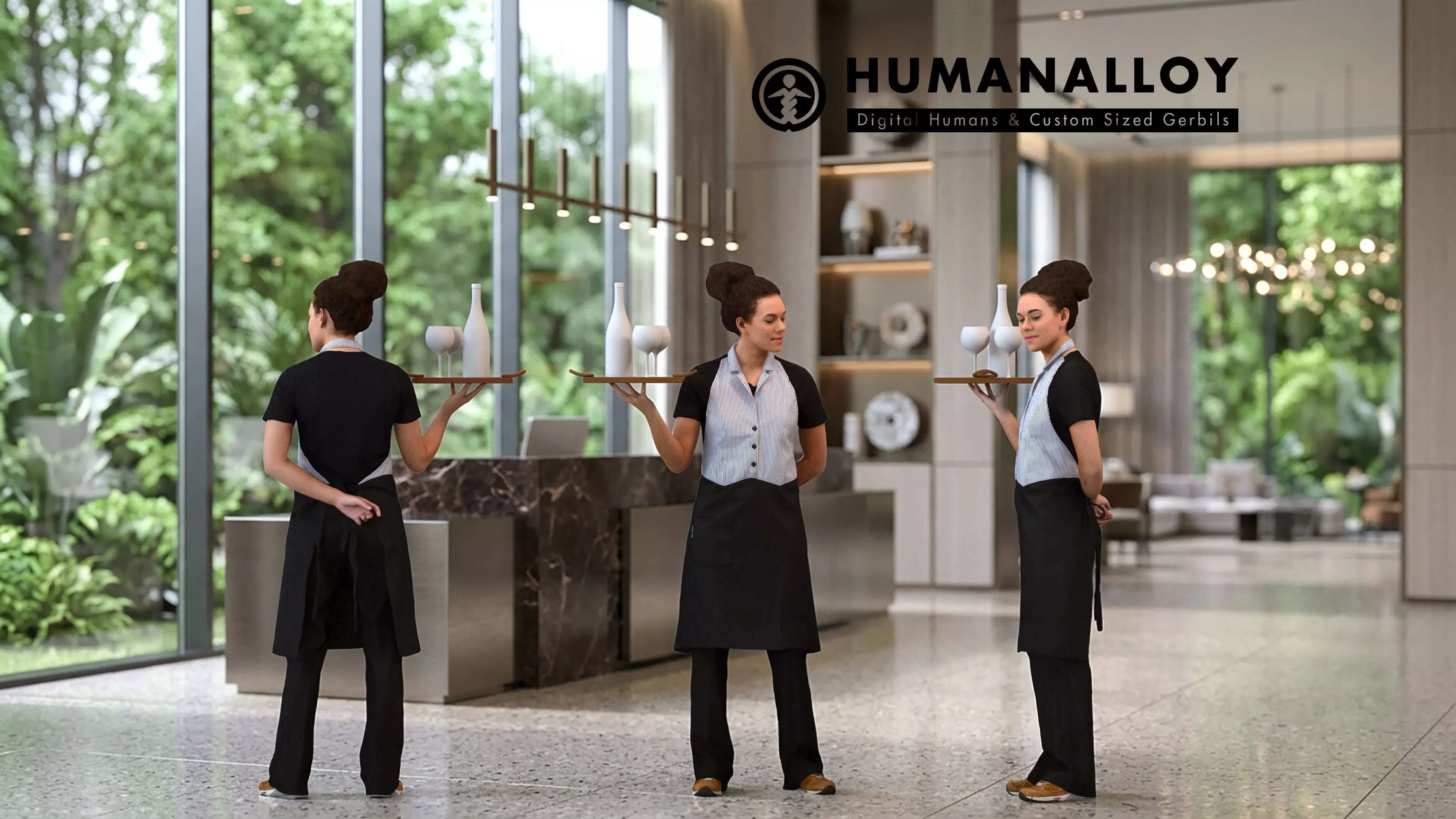 Adult Black woman waiting in hospitality setting wearing 3D model