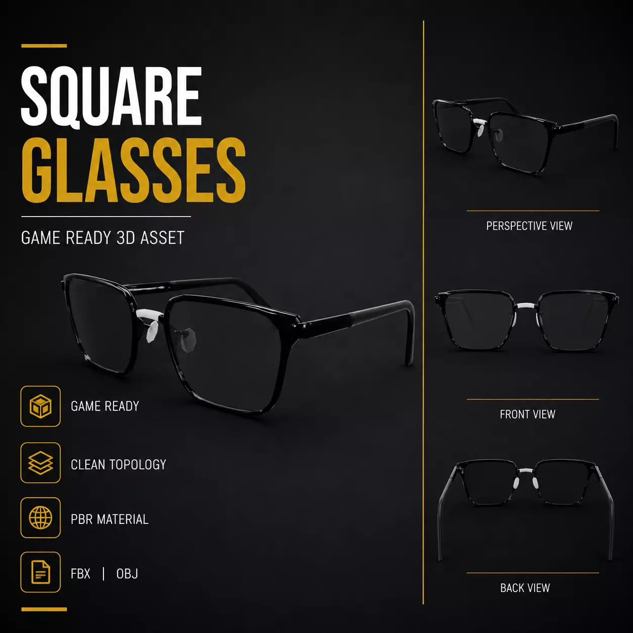 Square Glasses - Game Ready PBR Low-poly 3D model