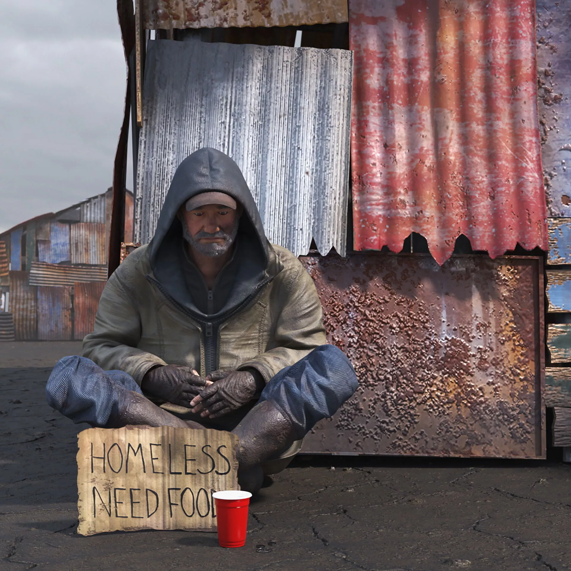 Dual Roof Slum Shack and Homeless Man 3D model