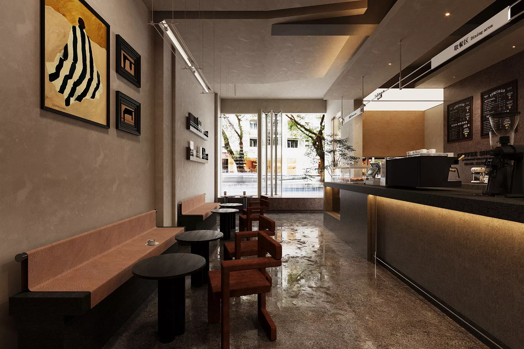 coffee shop blending industrial and wabi-sabi styles 3D model
