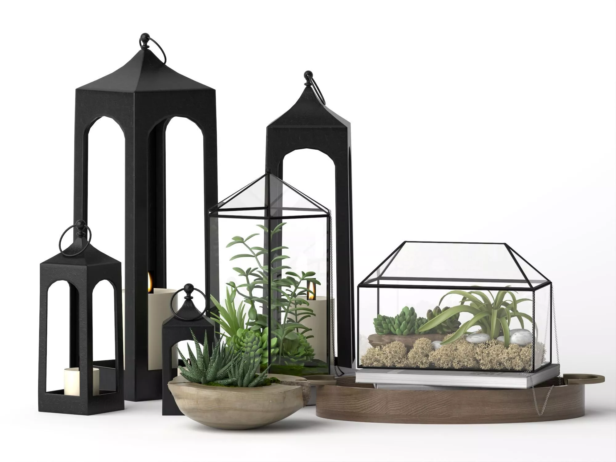 Black Metal Lanterns Glass Terrarium Set Low-poly 3D model