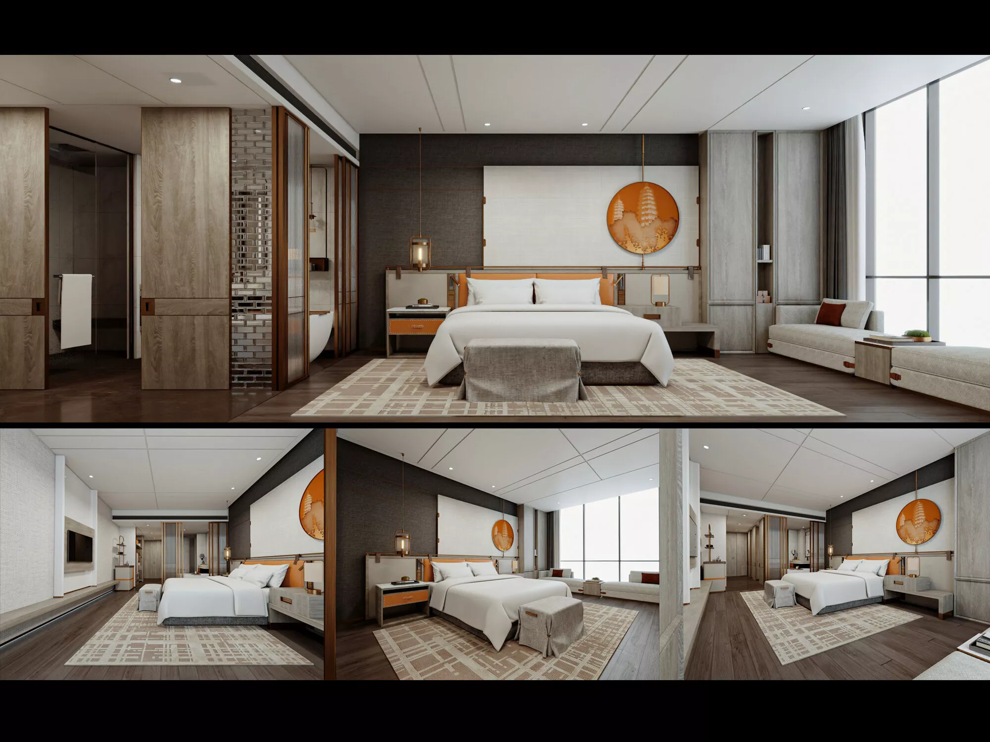 Modern Asian Luxury Hotel Bedroom Low-poly 3D model