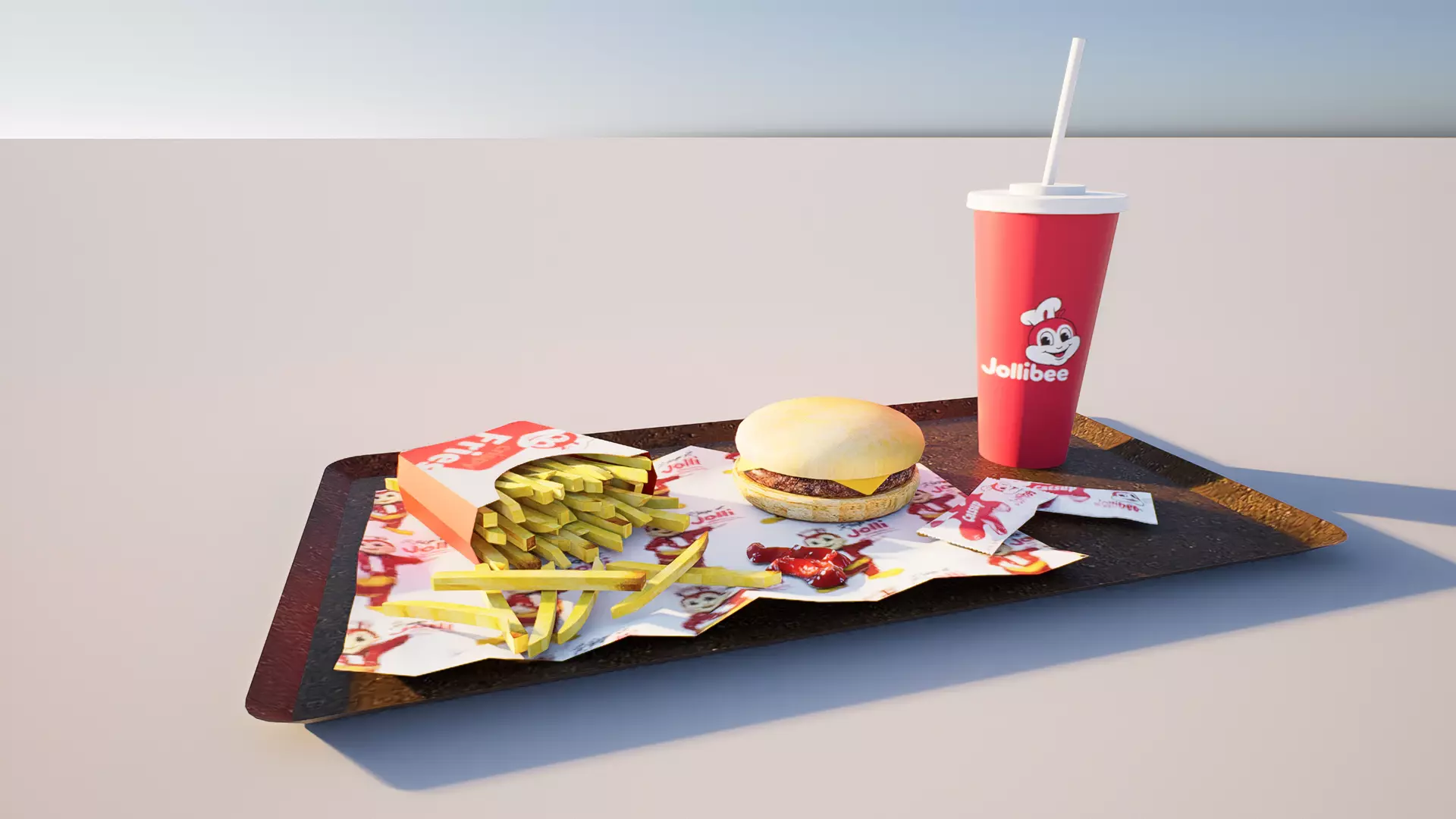Value Meal with Fries and Soft Drink on Serving Tray Low-poly 3D model