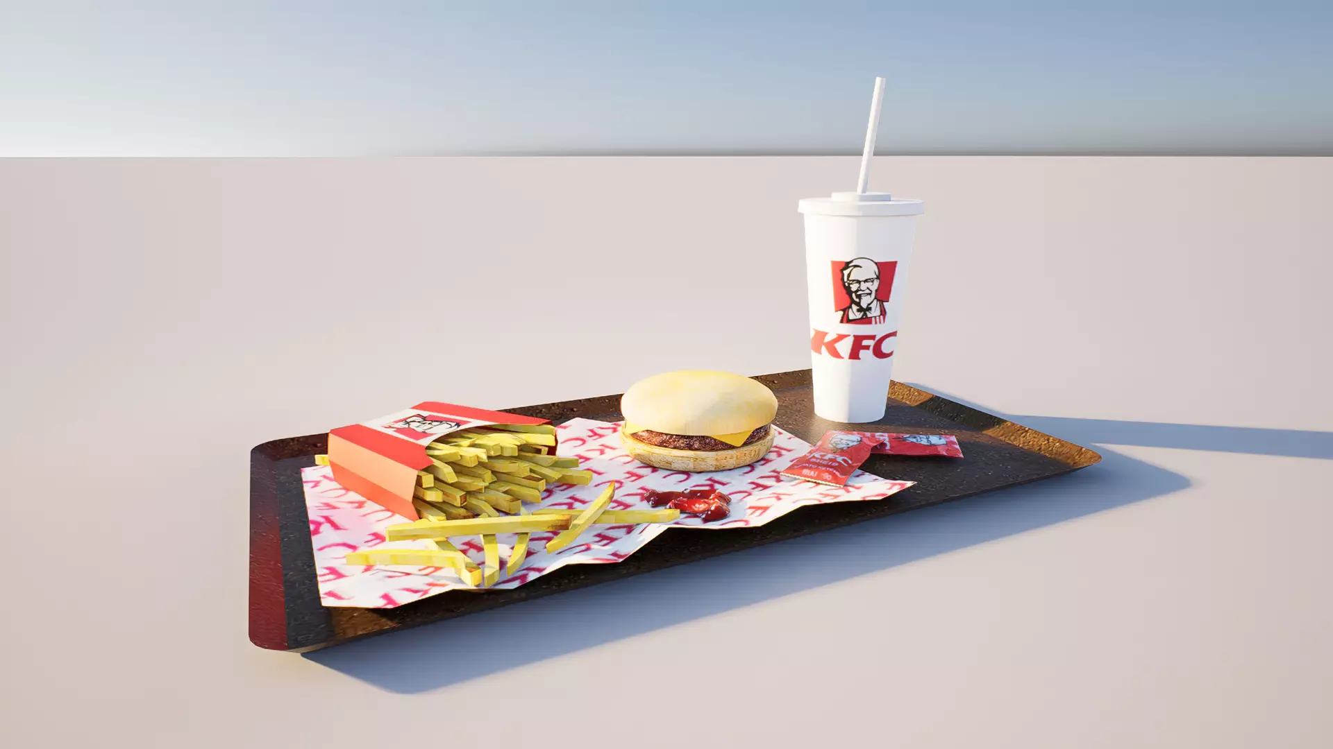 Value Meal with Fries and Soft Drink on Serving Tray Low-poly 3D model