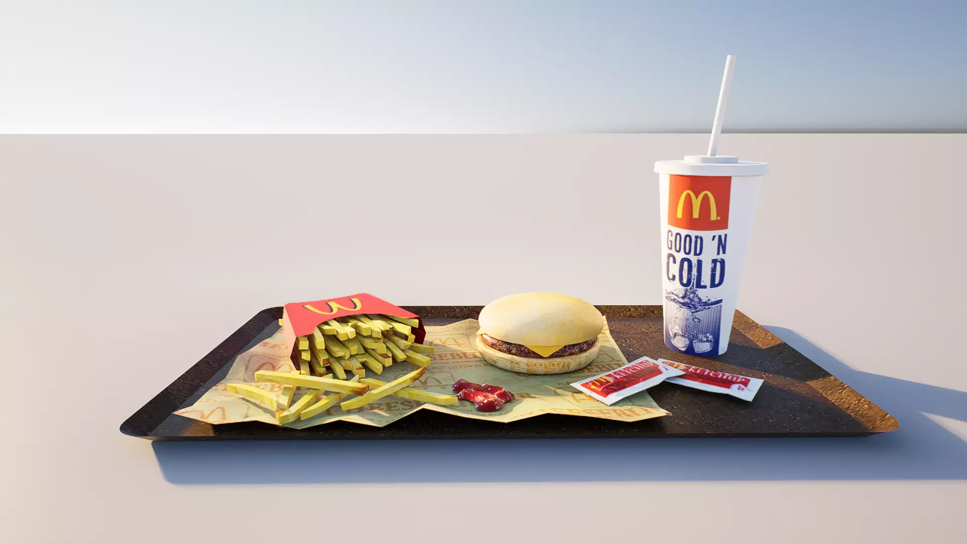 Value Meal with Fries and Soft Drink on Serving Tray Low-poly 3D model