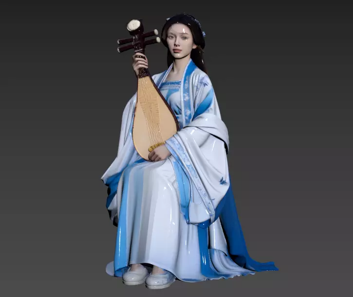 032 Blue Chinese Hanfu woman holding pipa 3D model