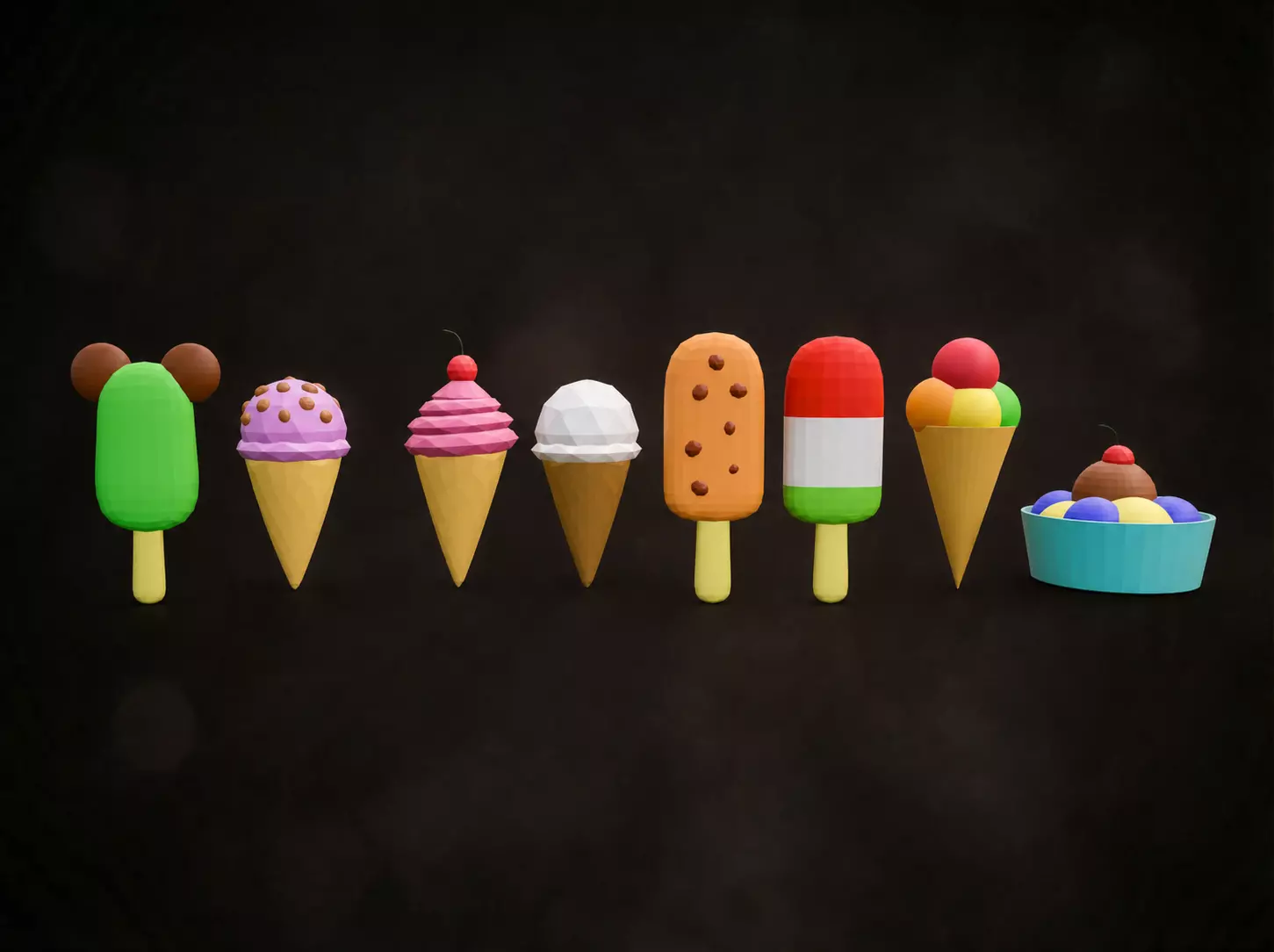 Low Poly Stylized Ice Cream Collection Dessert Popsicle Low-poly 3D model