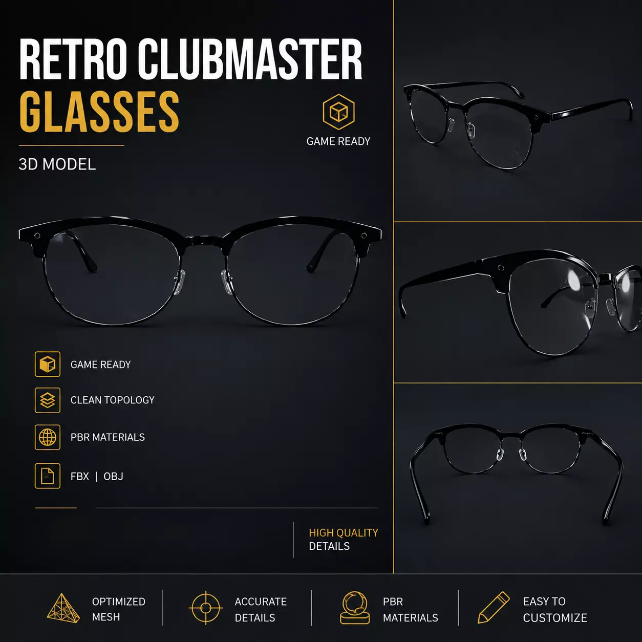 Retro Glasses Game Ready PBR Low-poly 3D model