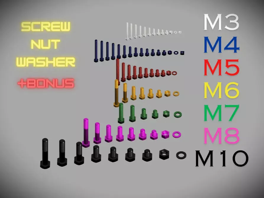 screw set m3 m4 m5 m6 m7 m8 m10 iso 4017 model files 3D print model