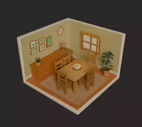 Stylized Isometric Dining Room - Low Poly Interior
